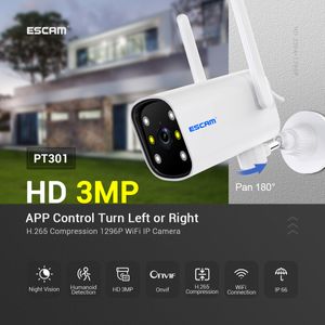 ESCAM PT301 3MP Caméra de sécurité extérieure Surveillance vidéo IP66 Wifi IP Accueil CCTV Sirène intelligente Détection humaine Vision nocturne Webcam