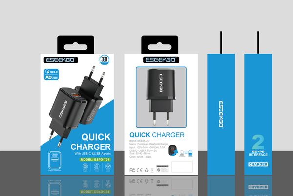 ESEEKGO ESPD-T01 1A1C QC3.0 + PD20W chargeur mural pour ordinateurs portables tablettes téléphones portables mur de voyage prise ue/US chargeurs rapides dans la boîte de vente au détail