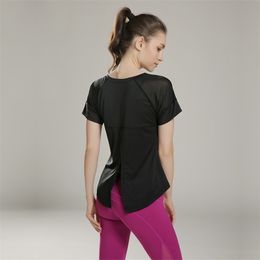 Eshtanga vrouw korte mouw t -shirt sexy yoga mesh sport t shirt fitness dames gym loopt open back tops tee t200401