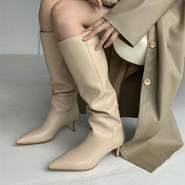 Eshtonshero en cuir véritable femmes bottes genou haut bout pointu talon mince sans lacet chaussures de Club de fête hiver chaussures pour dames