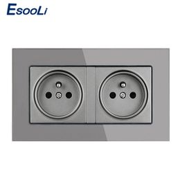 Esooli 16a Double French Standard Wall Socket Crystal Glass Panel Pannet Sortit Forced Forging avec une porte de protection de l'enfance Noir gris