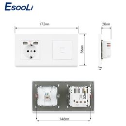 Panneau en plastique ESOLI PC EU SOCKET ÉLECTRIQUE STANDARD avec 2 Port de charge USB + 1 gang RJ11 2 Connecteur téléphonique de base 172 * 86 mm