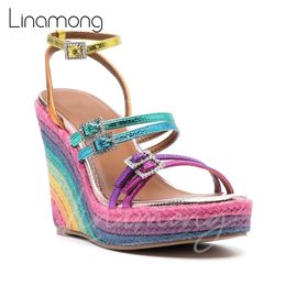 Espadrille Wedges Print Rainbow Echte lederen buckle Sandalen Mixed Color Bling High Heel Dames Zomerschoenen 230718 9C1E