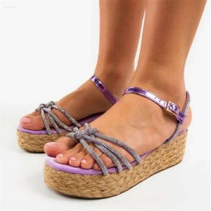 Espadrilles suede sier sandalen geknoopte paarse strass wiggen Raffia platform Buckle zomerschoenen aangepaste kleuren leer 1C9