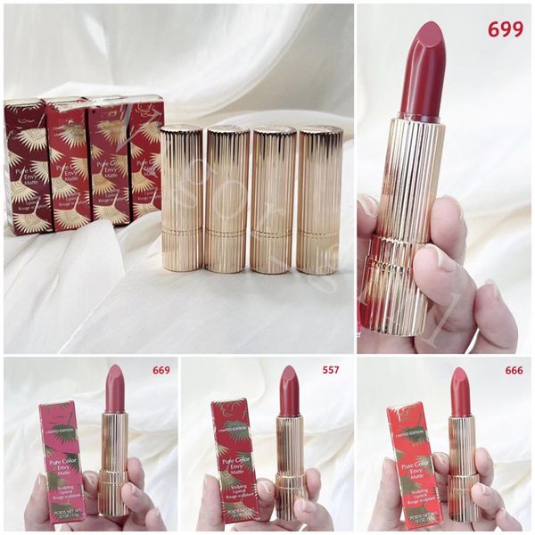 Rouge à lèvres de marque ESS pour fille Édition limitée Tube doré plissé 4 couleurs Cosmétiques pour les lèvres de haute qualité # 557 # 666 # 669 # 699 Rouge à lèvres sculptant de couleur Rouge Sculptant 3,5 g Dropship