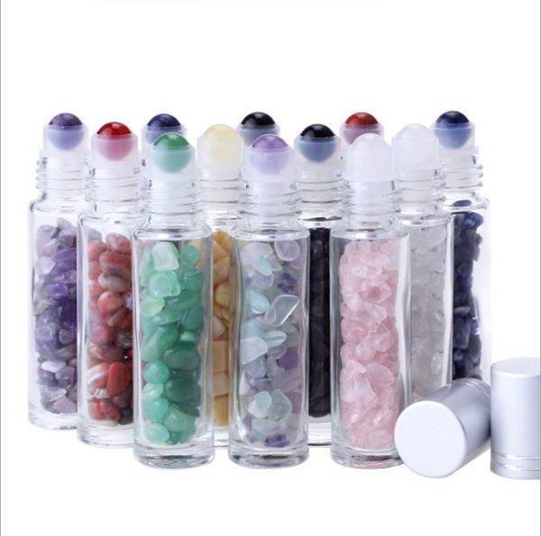 Diffuseur d'huiles essentielles 10 ml en verre transparent sur flacons de parfum avec pierre de quartz en cristal naturel broyé Crystal Roller Ball Silver cut lin