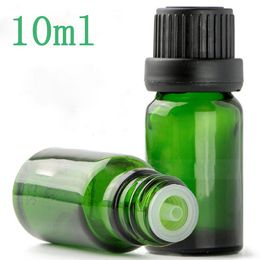 Bouteille d'huile essentielle en verre vert de 10ml, avec compte-gouttes en verre/bouchon inviolable noir, bouteilles de liquide E de 10 ml, 768 pièces/lot