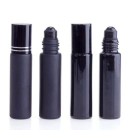 Bouteille de parfum d'huile essentielle 10 ml rouleau de verre noir sur bouteille de parfum avec rouleau de cristal d'obsidienne bouteilles à billes à paroi épaisse Huxcg
