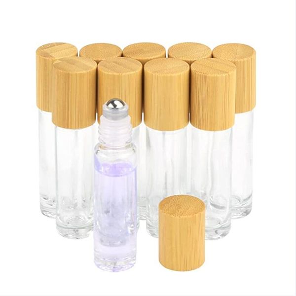 Huile essentielle Roll On Bottle 5ml 10ml 15ml Bouteilles d'échantillons de parfum en verre rechargeable givré avec bille roulante en acier inoxydable et emballage cosmétique avec couvercle en bambou