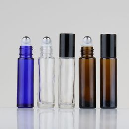 Bouteilles à rouleaux d'huile essentielle 10 ml avec couvercle noir à billes en acier inoxydable pour huiles essentielles Ambre/Clair/Bleu Verre Roll on Bottles