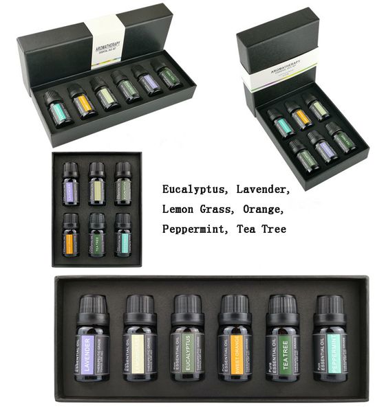 Kit de aceites esenciales 100 % puros de PURE AROMA, juego de regalo de los 6 mejores aceites de aromaterapia, paquete de 6, 10 ml (Yptus eucal, lavanda, hierba de limón, naranja, menta, árbol de té)