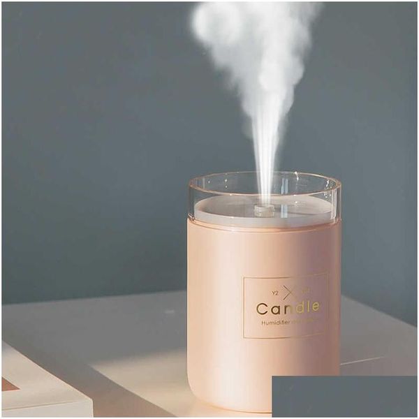 Diffuseurs d'huiles essentielles 280 ml Trasonic Humidificateur d'air Bougie Romantique Lumière douce USB Diffuseur d'huile essentielle Purificateur de voiture Aroma Anion Dhhtj