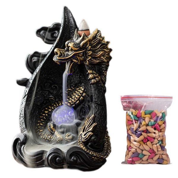 Diffuseurs D'huiles Essentielles Dragon Cascade Brûleur D'encens À La Main Titulaire De Refoulement Avec 50 Cônes Aromathérapie Ornement Décor À La Maison Pour Y23