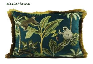 ESSIE HOME TROPISCHE PLANTEN PALM BLADEN DIEREN PATTROOD Digitale print Velvet kussenkussen kussensloop met gouden kwast 210207280893