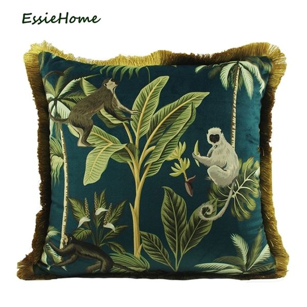 ESSIE HOME Plantes tropicales Feuilles de palmier Motif animal Singe Impression numérique Housse de coussin en velours Taie d'oreiller avec pompon doré 21020300g