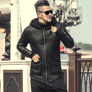 Est Britse herenjas Winter Hooded Bontjas Zwart Jas Mannen Biker Motorcycle Leatherjacket F8213 211009