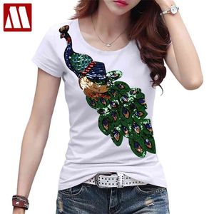 est Casual Summer Women T Shirt Peacock Paillette Stitchwork T-shirt Coton À Manches Courtes Grande Taille Cool Tshirt Marque Tops Tees 210623