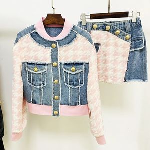 Est Designer Suit Set Femmes Lion Boutons Pied-de-poule Tweed Denim Patchwork Gland Veste À Franges Mini Jupe 2PCS 240124