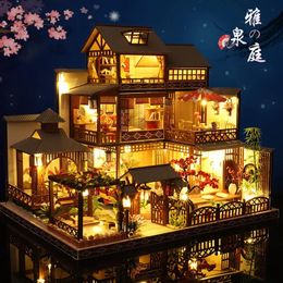 Est DIY Houten Poppenhuis Japanse Architectuur Poppenhuizen Mininatures met Meubilair Speelgoed voor Kinderen Vriend Verjaardagscadeau 240304