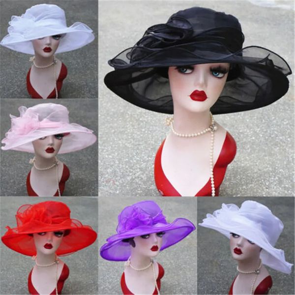 EST Fashion 1PCS Mesh Ruffles Flower Femmes Wide Brim Wedding Church Occasion Organza Sun Hat 240403