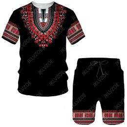 est heren tracksuit Afrikaanse print dames heren t-shirts sets Africa dashiki vintage tops sport en recreatie zomer mannelijk pak 240402