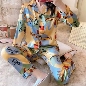 Est zijden pamas voor vrouwen zoete cartoon pyjama's vrouw elegante lange mouw huiskleding dames slaapkleding sets pjs 211215