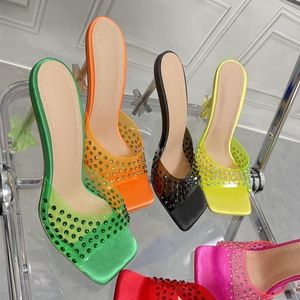 Est slippers vrouwen groen pvc 555 kristal transparant mode vierkant teen perspex hakken zomer sandalen schoenslippers 546 91