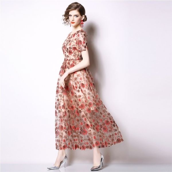 est été femmes marque concepteur superposition broderie florale robes femme à manches courtes Vintage fête Boho maille dentelle robe 210514