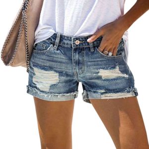 Est Summer Women's Trendy Hole Denim Shorts Moda Mendigos Jean Jeans de cintura baja sin cinturón 211129