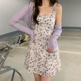 ESTCEUQE Deux pièces ensembles Robes d'impression vintage Femmes Purple Floral Slip Mini Dresse-Sunscreen Châle Cardigan Sweet 240410