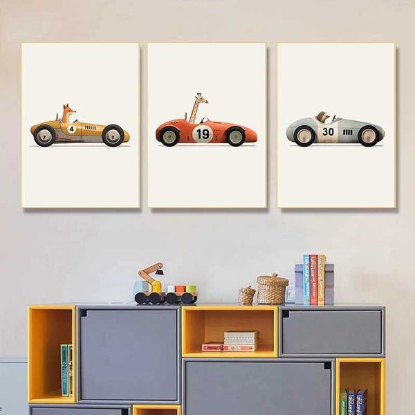 Esting Cartoon Animal Car Art Kindergarten Póster de pared Girafa Girafa Bear Conejo Niños Room Cabina Decoración del hogar J240510