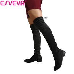 ESVEVA 2018 sur le genou bottes carré Med talon femmes bottes Sexy dames à lacets tissu extensible mode bottes noir taille 34-43