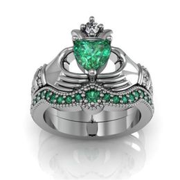 Conjuntos de anillos Eternal Claddagh de lujo 10KT oro blanco lleno 1CT corazón verde zafiro mujeres compromiso anillo de boda para mujeres regalo Siz237O