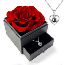 Fleur éternelle décorative acrylique bijoux véritable Rose tiroir cadeau boîte saint valentin cadeau de noël sans collier anneau
