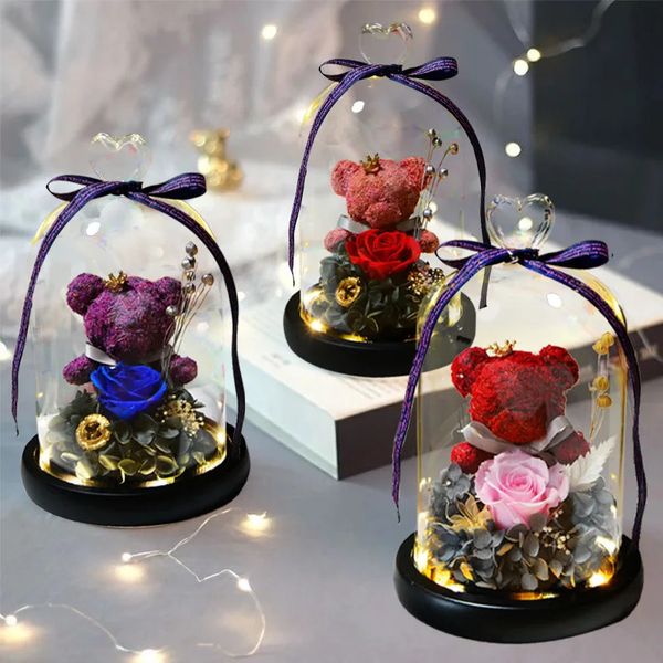 Flower Eternal Flow Teddy Wedding Body Teddy Bear Rose in Glass Flower Beauty The Beast Rose Light For Home Year Gift 240418