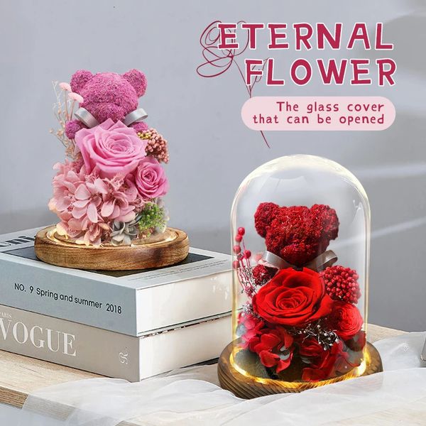 Fleurs éternelles conservées oursersh rose bel ours en peluche dans le verre avec LED luminaire luminaire de Noël Valentines Gift 240418