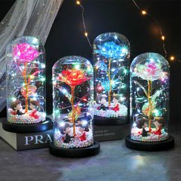 Eternal Rose Forever Beauty and Beast Rose in Flesk Led Rose Flower Light Glass Dome Mother Day Wedding Gift Home Decoratie Q0812
