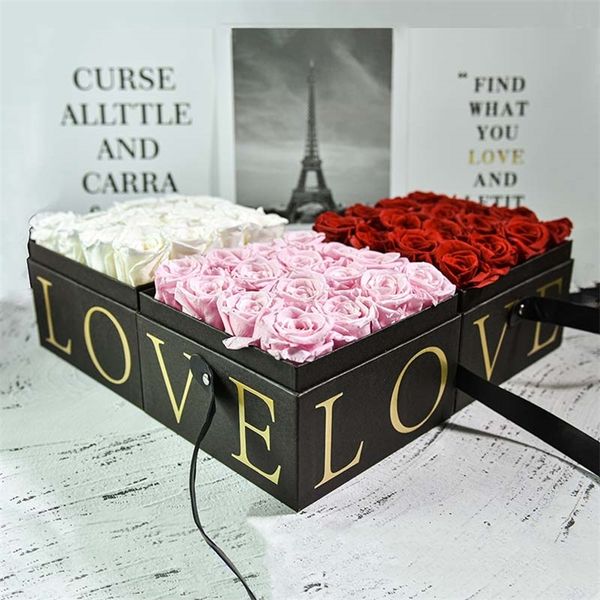 Rose éternelle dans la boîte d'amour, vraies fleurs préservées avec ensemble, cadeau de fête des mères, cadeaux de noël romantiques pour la saint-valentin, 220425