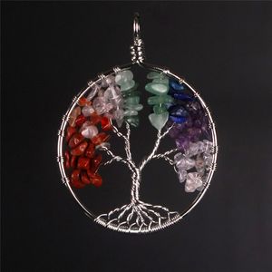 Eternal Diverse Rainbow Wisdom Life of Tree Natural Crystal Stone Chip Handgemaakte Multicolored Circle Lucky Charm Hanger voor ketting sieraden