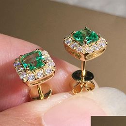 Eternity Green Cz Stud Earring Voor Vrouwen Goud Kleur Luxe Bruid Bruiloft Oorbellen Elegante Ooraccessoires Partij Sieraden Dhgarden Otjcv