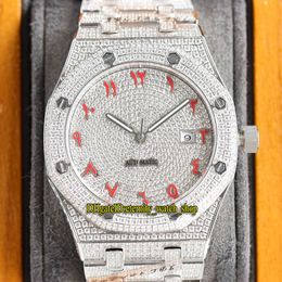 Eternity Sieraden Horloges RFF 15400 Laatste A3120 Automatische Volledig Iced Out Mens Horloge Rode Arabische Cijfers Diamant Dial Diamonds Case en Armband 15202 15452 15502