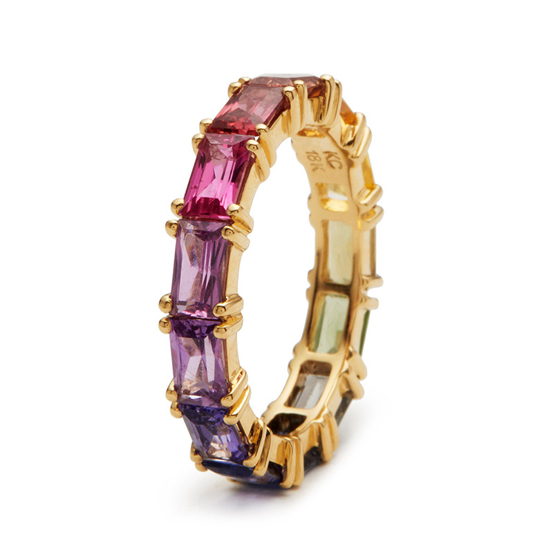 Anel Eternity Rainbow Aliança de Casamento Feminino Banhado a Ouro 18K com Corte de Esmeralda Multicolor Anel de Pedra Preciosa Criada