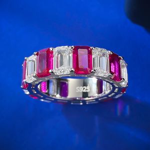 Eternity Ruby Diamond Ring 100% Echt 925 Sterling Zilver Party Wedding Band Ringen voor Vrouwen Mannen Engagement Sieraden Gift