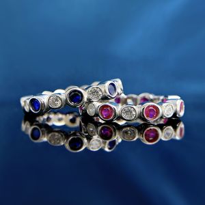 Eternity Sapphire Ruby Diamond Ring 100% Real 925 sterling silver Party Wedding band Anillos para mujeres Joyería de compromiso nupcial