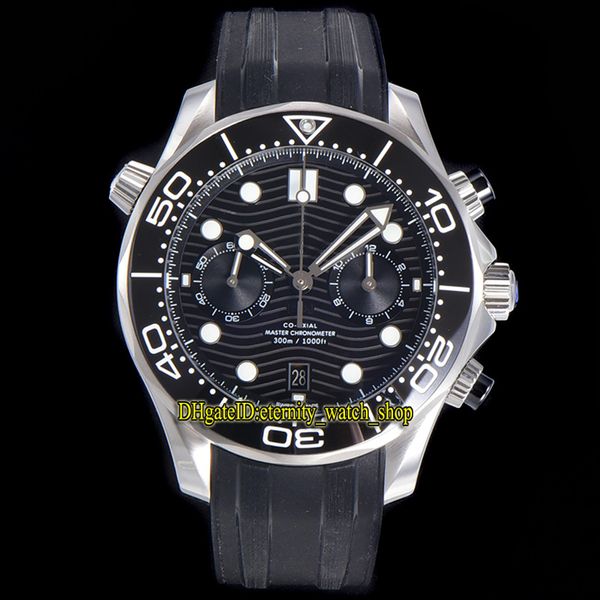 Eternity Cronômetro Relógios OMF Mais recente 9900 Cronógrafo Automático Black Dial Cerâmica Bezel 44MM Mens Watch Diver 300M 210.32.44.51.01.001 Caixa de aço com pulseira de borracha