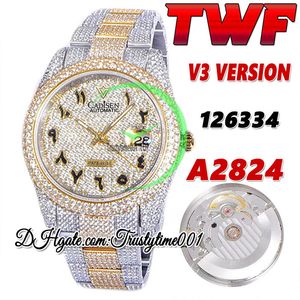 TWF V3 126331 126334 A2824 Montre automatique pour homme pavé de diamants Cadran arabe bicolore Boîtier en acier inoxydable 904L Bracelet en acier diamant entièrement glacé Trustytime001Montres