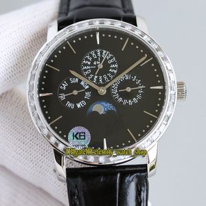 Eternity Relojes K6F Versión de actualización 43175/000R-B343 Cal.112QP Reloj automático para hombre Iced Out Calendario perpetuo Fase lunar Esfera negra Caja de acero inoxidable Bisel de diamantes