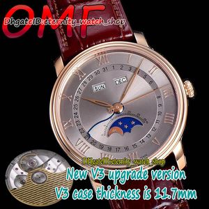 Eternity Horloges OMF V3 Nieuwste upgrade Versie Villeret Kalender 6654-3613-55B CAL.6654 OM6564 Automatische Herenhorloge Stalen Case True Moon Phase Grijs Dial Lederen Band