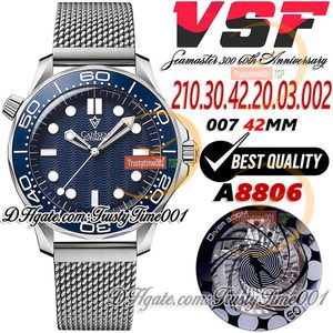 VSF Diver 300M 42 mm 60-jähriges Jubiläum A8806 Automatik-Herrenuhr mit blauem strukturiertem Zifferblatt, Titangehäuse, Edelstahl-Mesh-Armband, limitierte Auflage, trustytime001Watches