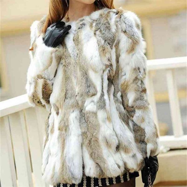 Ethel Anderson Real Farm Rabbit Fur Coat Femmes Veste rayée Luxe Parkas Mariage 68cm Veste de fourrure Femme Hiver 210816